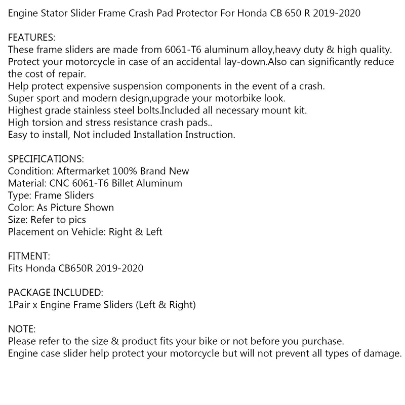 Pair Engine Frame Sliders Crash Protectors for Honda CB650R 2019-2021 Generic