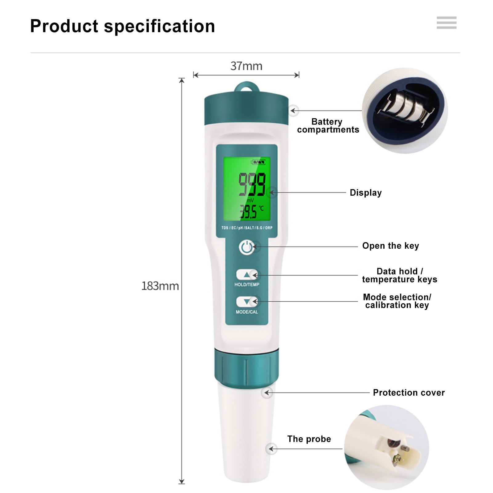 Probador de medidor de calidad del agua 7 en 1 con retroiluminación PH/TDS/EC/ORP/TEMP/SG/Salinity