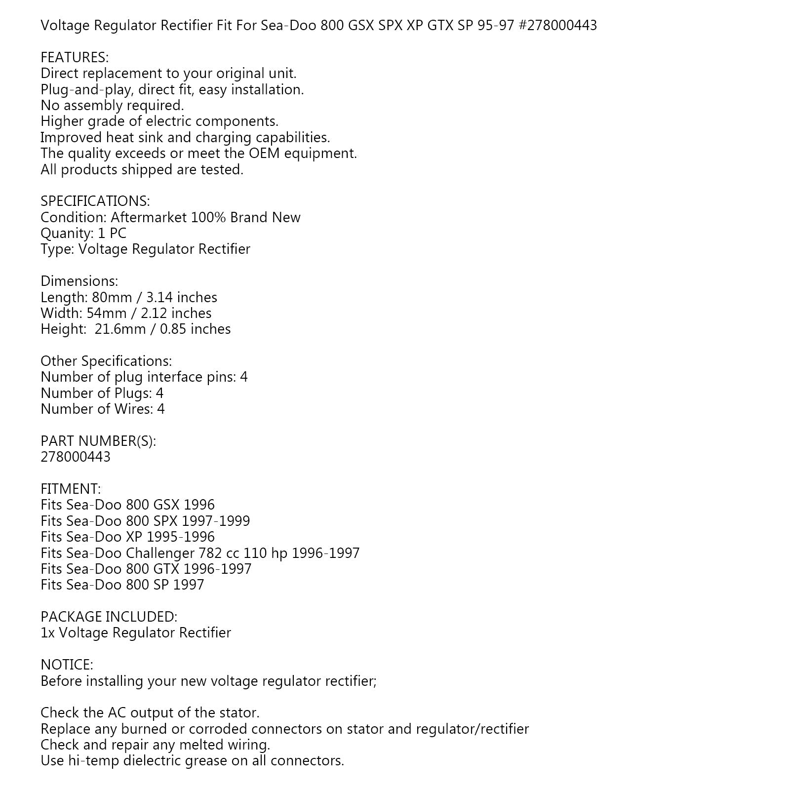 Voltage Regulator Rectifier for SeaDoo GTX Challenger GSX XP SP SPX 278000443 Generic