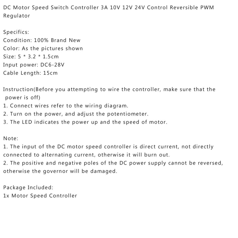 Controlador de interruptor de velocidad del motor de CC 3A 10V 12V 24V Control Reversible PWM Regulador