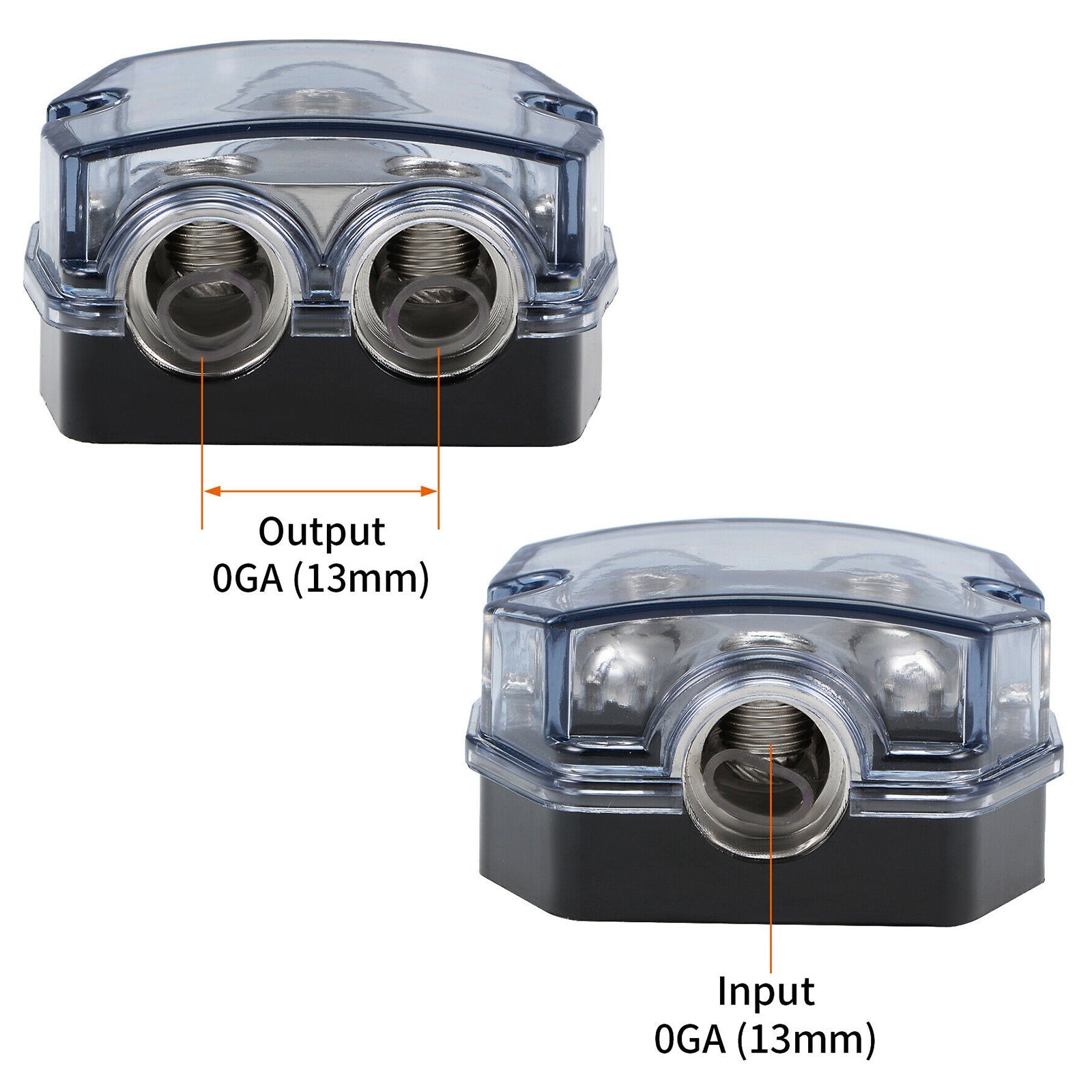 Carcasa de plástico de cubierta transparente resistente al calor Bloque de distribución de divisor niquelado 1x0 In 2x0 GA Out Block Splitter Fusebox para Car Audio Marine