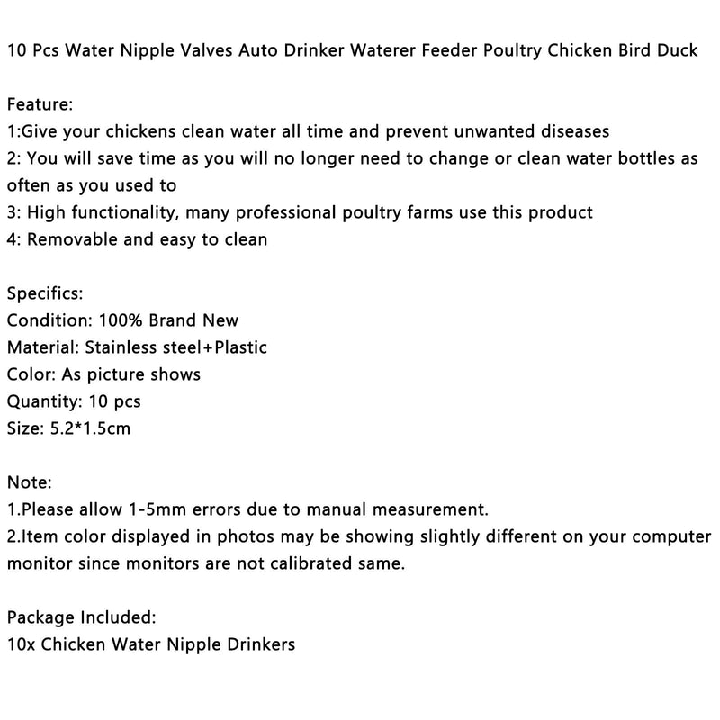 10 Uds. Válvulas de pezón de agua bebedero automático alimentador de aves de corral pollo pato pájaro