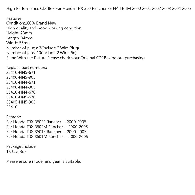 استبدال صندوق CDI لهوندا TRX350FE TRX350FM TRX350TE TRX350TM 00 01 02 03 05 عام