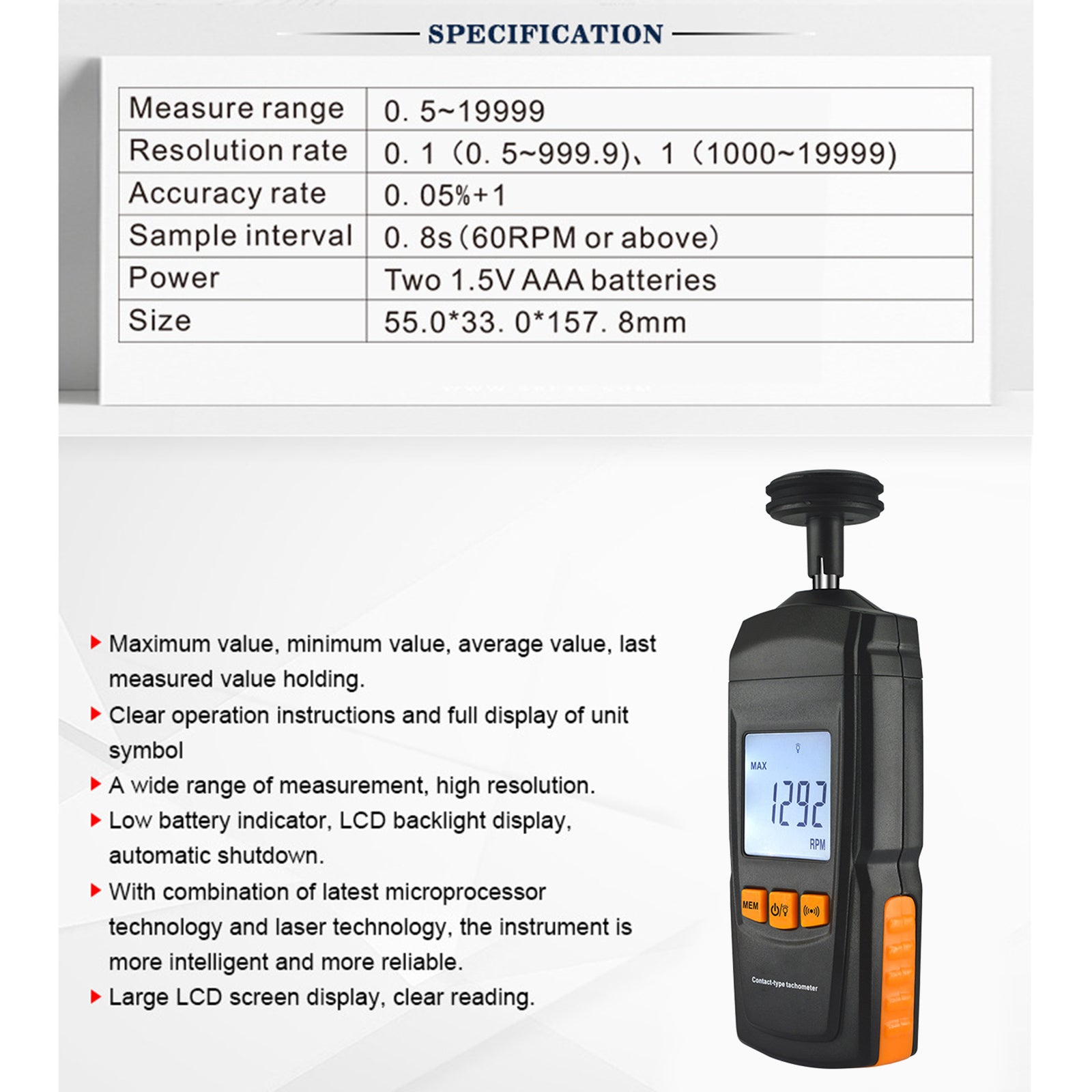 GM8906 Portable Digital Contact Motor Tachometer LCD Speedometer Tach RPM Tester