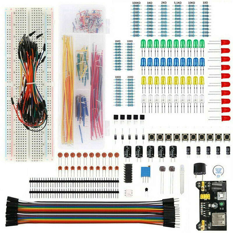 Kit de inicio básico de componentes electrónicos con resistencia de tablero de pruebas de 830 puntos de conexión
