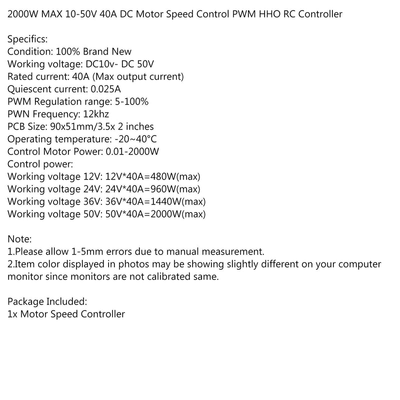 12V 24V 48V 2000W 10-50V 40A DC Control de velocidad del motor del cepillo PWM HHO Controlador RC