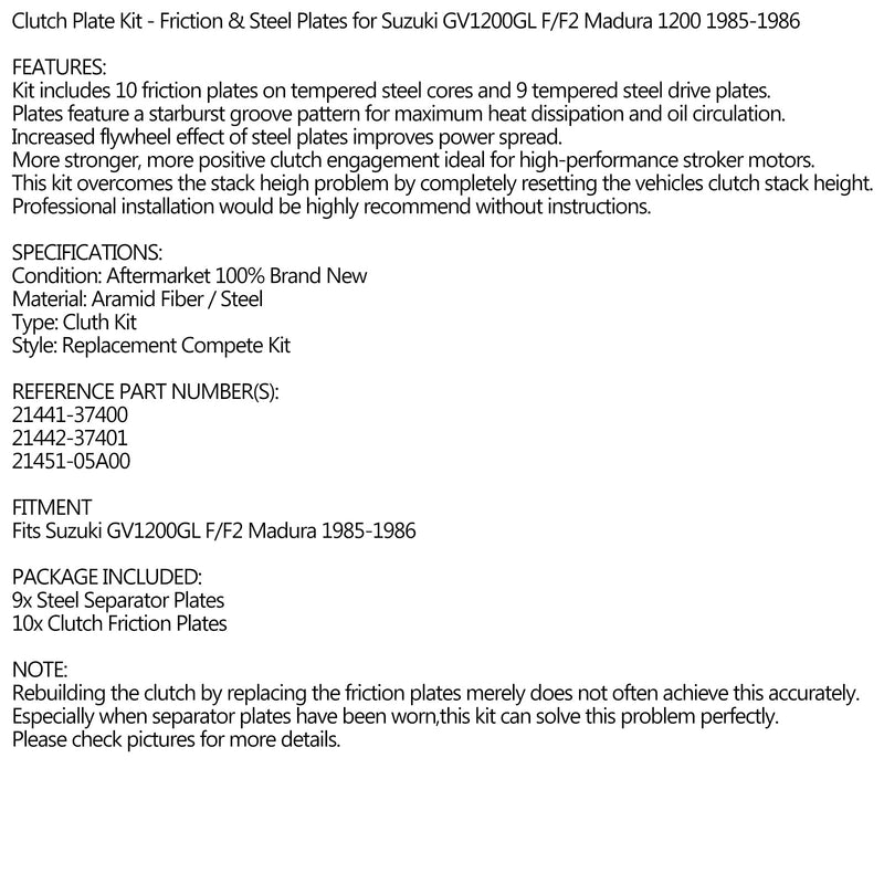 Clutch Kit Steel & Friction Plates for Suzuki GV1200GL F/F2 Madura 1200 85-1986 Generic