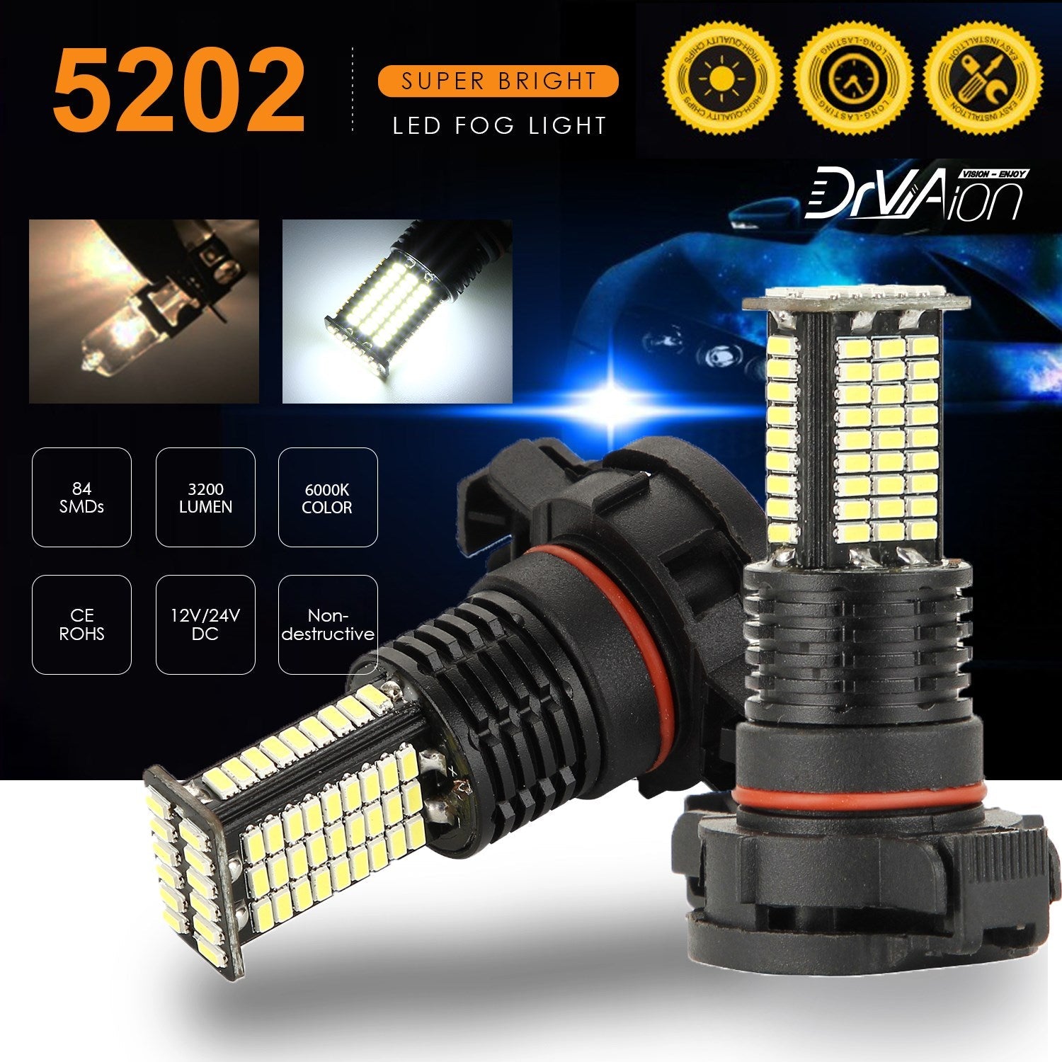 2PCS LED Headlight Driving Light Fog Light Lamp 6000K White Bright Generic