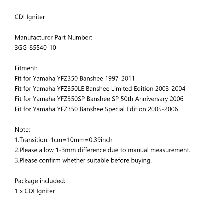 CDI Igniter fit for Yamaha YFZ350 Banshee YFZ350LE YFZ350SP 3GG-85540-10 Generic