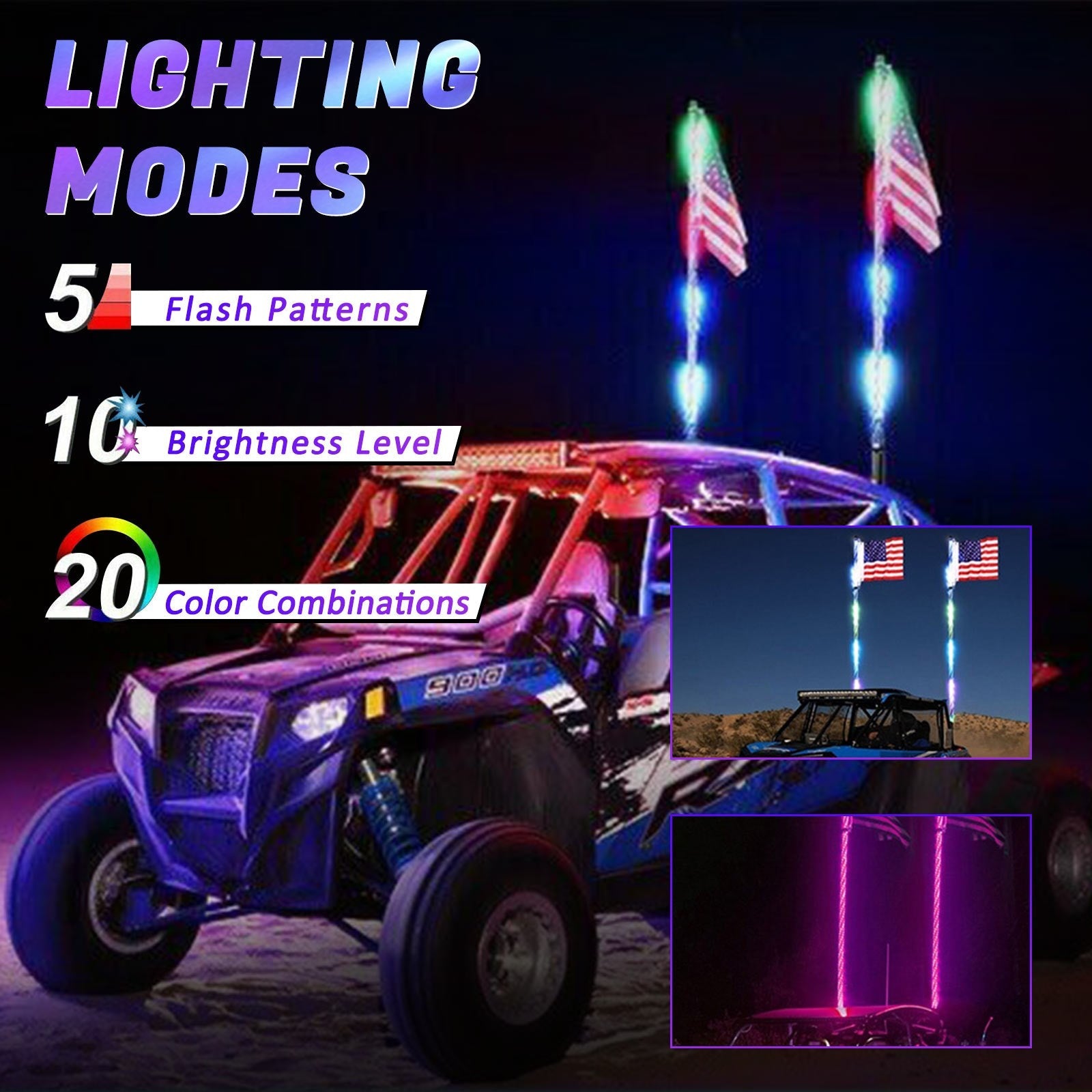 2X 2ft RGB LED APP سوط أضواء هوائي ث/العلم التحكم عن بعد ل Polaris UTV ATV