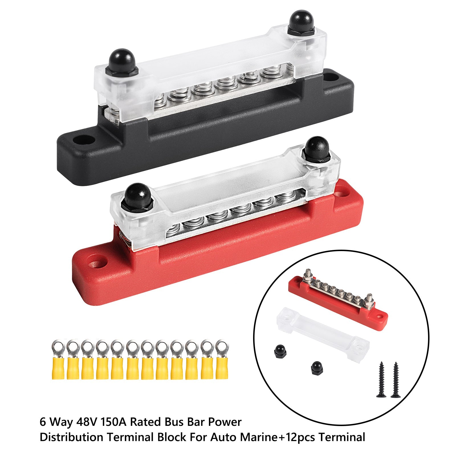 6 Way 150A Distribution Terminal Block Car Marine Boat Holder Cover 48V Bus Bar