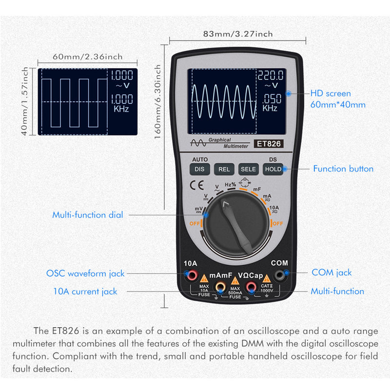 ET826 2 In 1 Digital Intelligent Oscilloscope Multimeter AC/DC Current Voltage