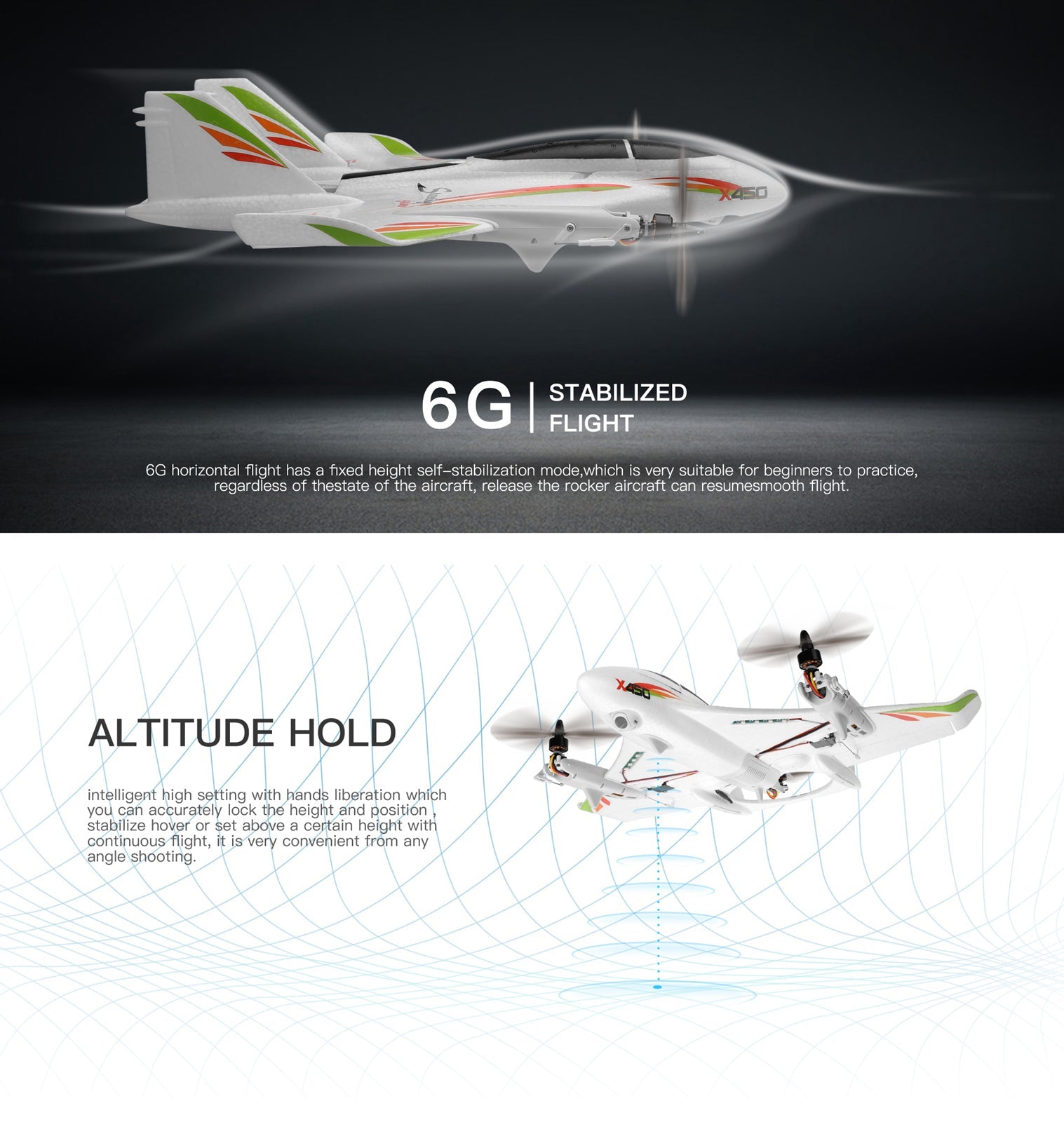 WLtoys XK X450 RC Avión Sin Escobillas 2.4G 6CH 3D/6G LED Ala Fija RTF