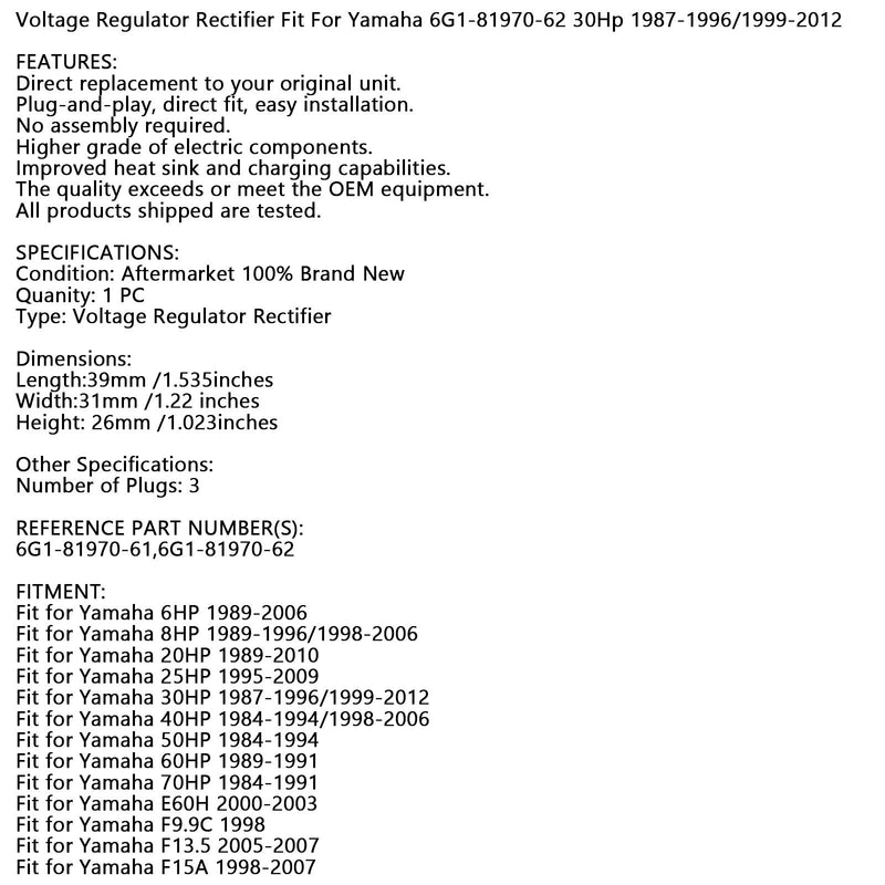 Regulator Rectifier Fit For Yamaha 6G1-81970-618Hp 89-96/98-06 F9.9C 1998 Generic