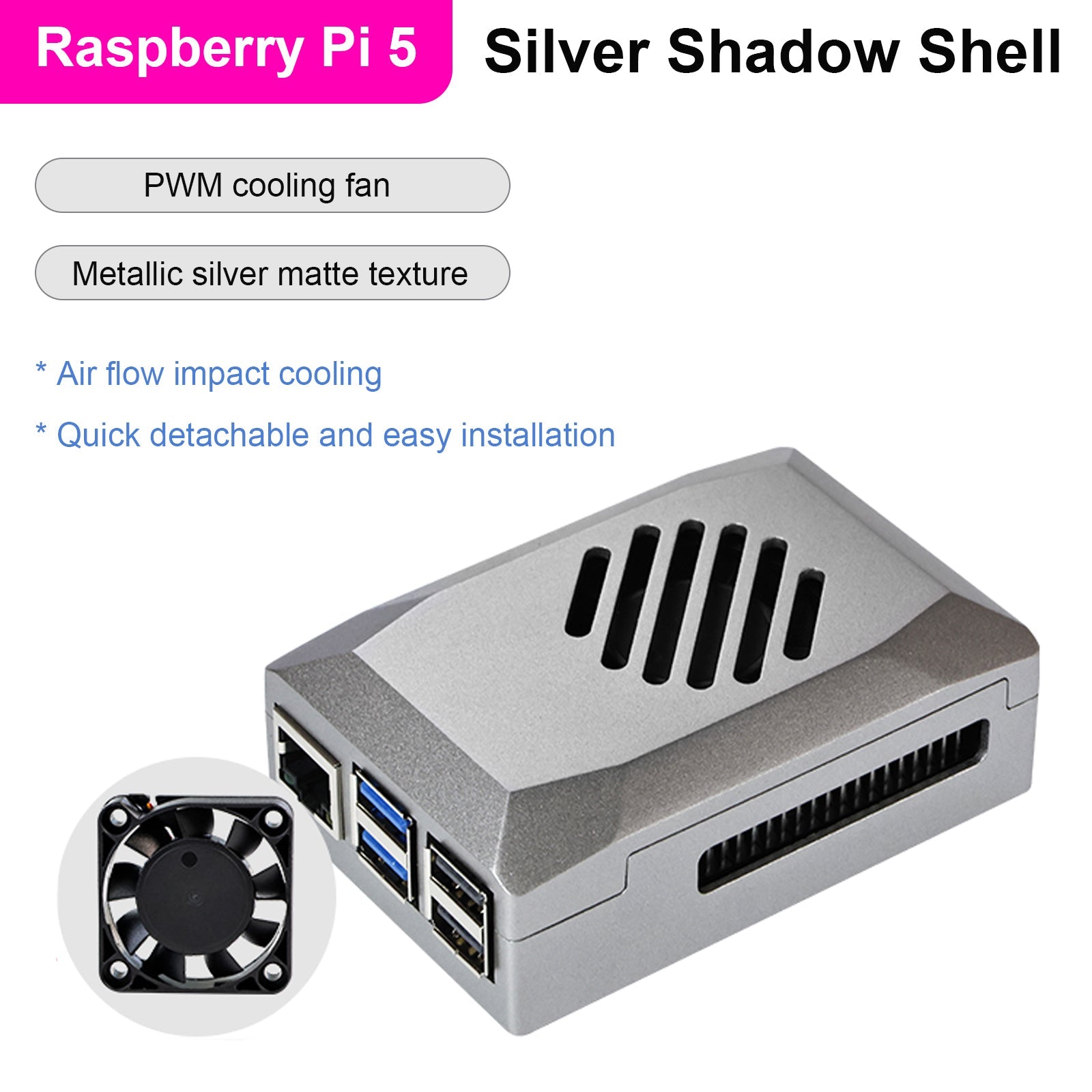 Silver Shadow Shell Raspberry pi5 Caja protectora ABS Material Control de velocidad Ventilador