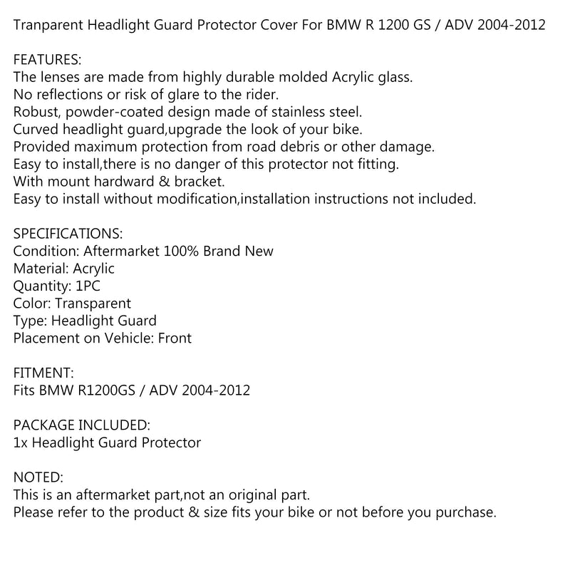 غطاء حماية للمصابيح الأمامية الشفافة لسيارة BMW R 1200 GS / ADV 2004-2012 Generic