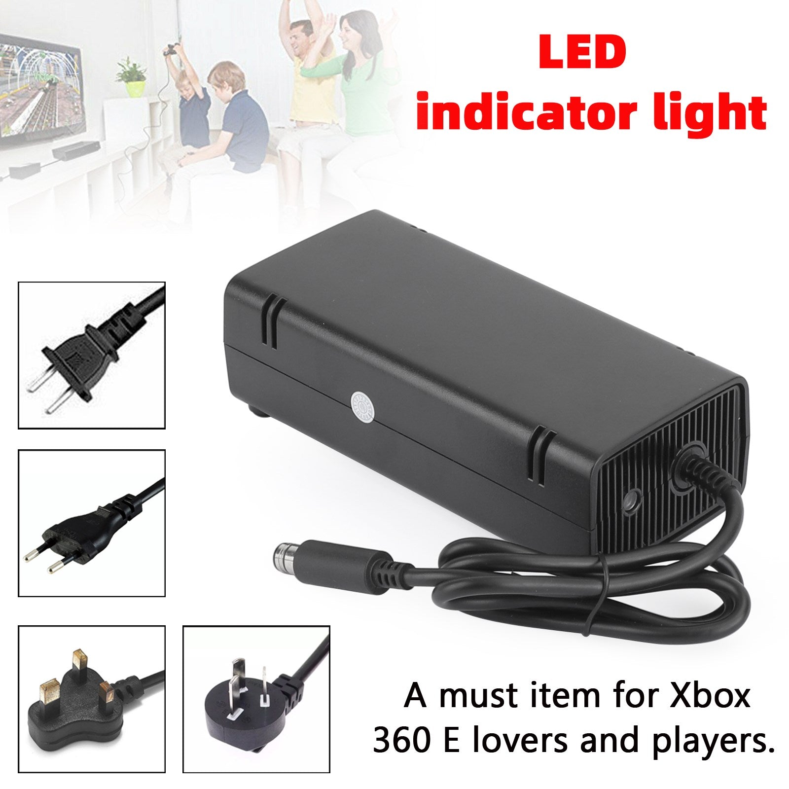 Adaptador de CA, cargador de ladrillo, cable de alimentación, negro, 115 W, apto para consola Xbox 360 E