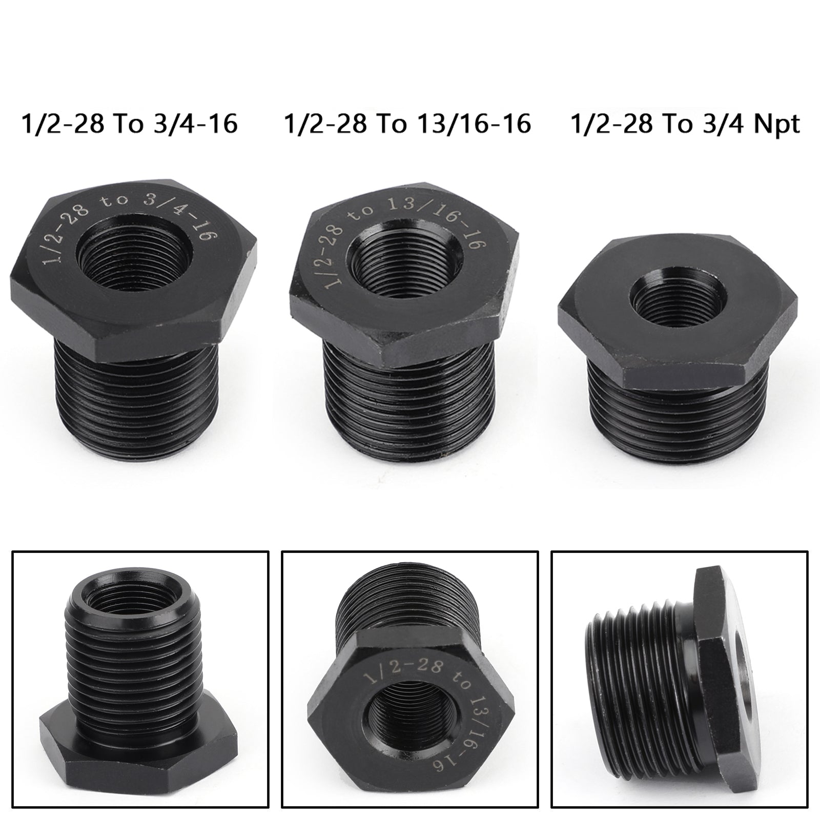 3PCS 1/2-28 to 3/4-16, 13/16-16, 3/4 NPT Thread Oil Filter Adapters Black New Generic