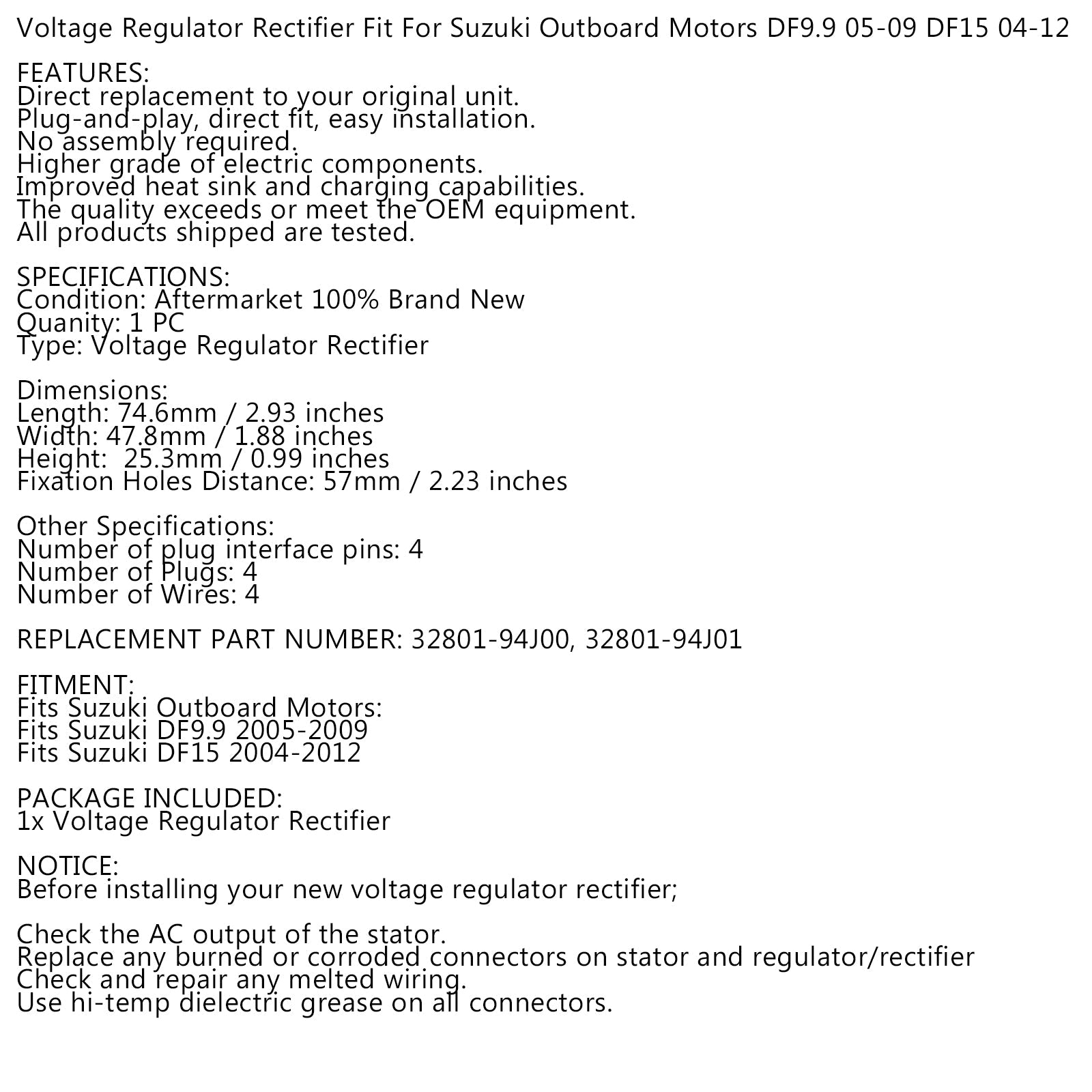 Rectifier Voltage Regulator for Suzuki DF9.9 05-09 DF15 04-12 Outboard Motors Generic