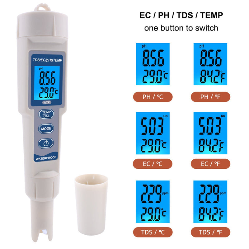 4In1 PH/TDS/EC/مقياس الحرارة أداة اختبار مراقبة جودة المياه الرقمية