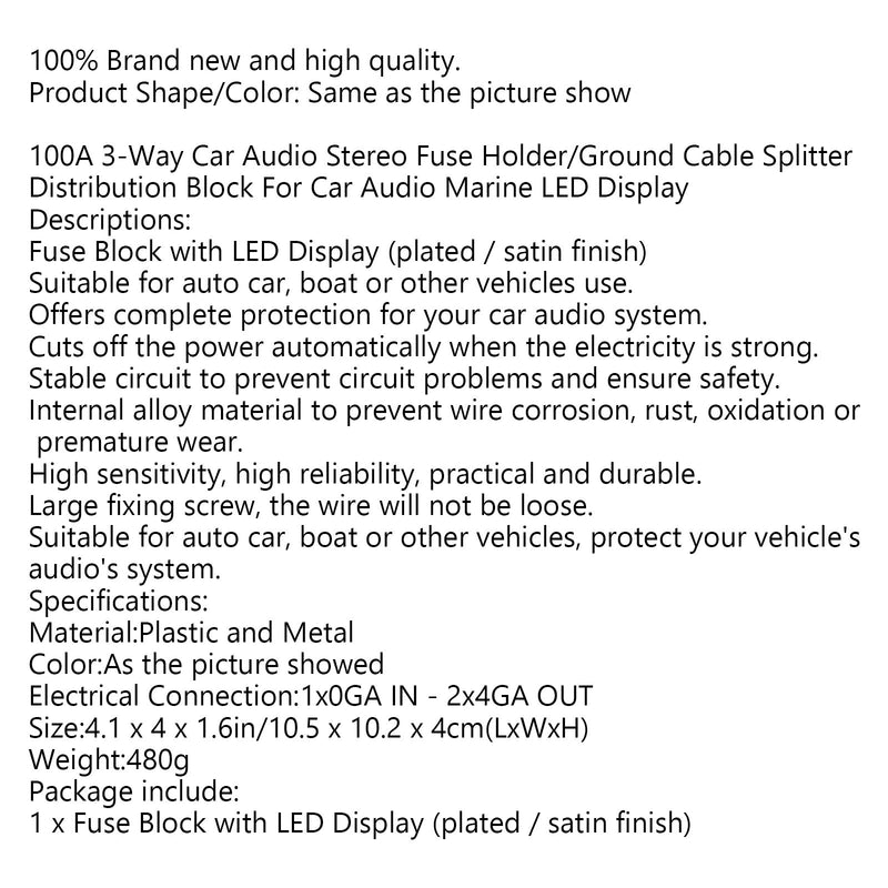 Cubierta transparente carcasa de plástico Pantalla LED 1x0 IN 2x4GA OUT Bloque de distribución Portafusibles Divisor Niquelado Resistente al calor para Car Audio Marine