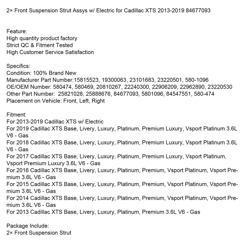 2013-2019 كاديلاك XTS 84677093 2x دعامة تعليق أمامية Assys مع كهربائي عام