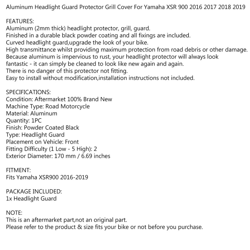 غطاء حماية للمصابيح الأمامية من الألومنيوم باللون الأسود لـ Yamaha XSR 900 2016-2019 Generic