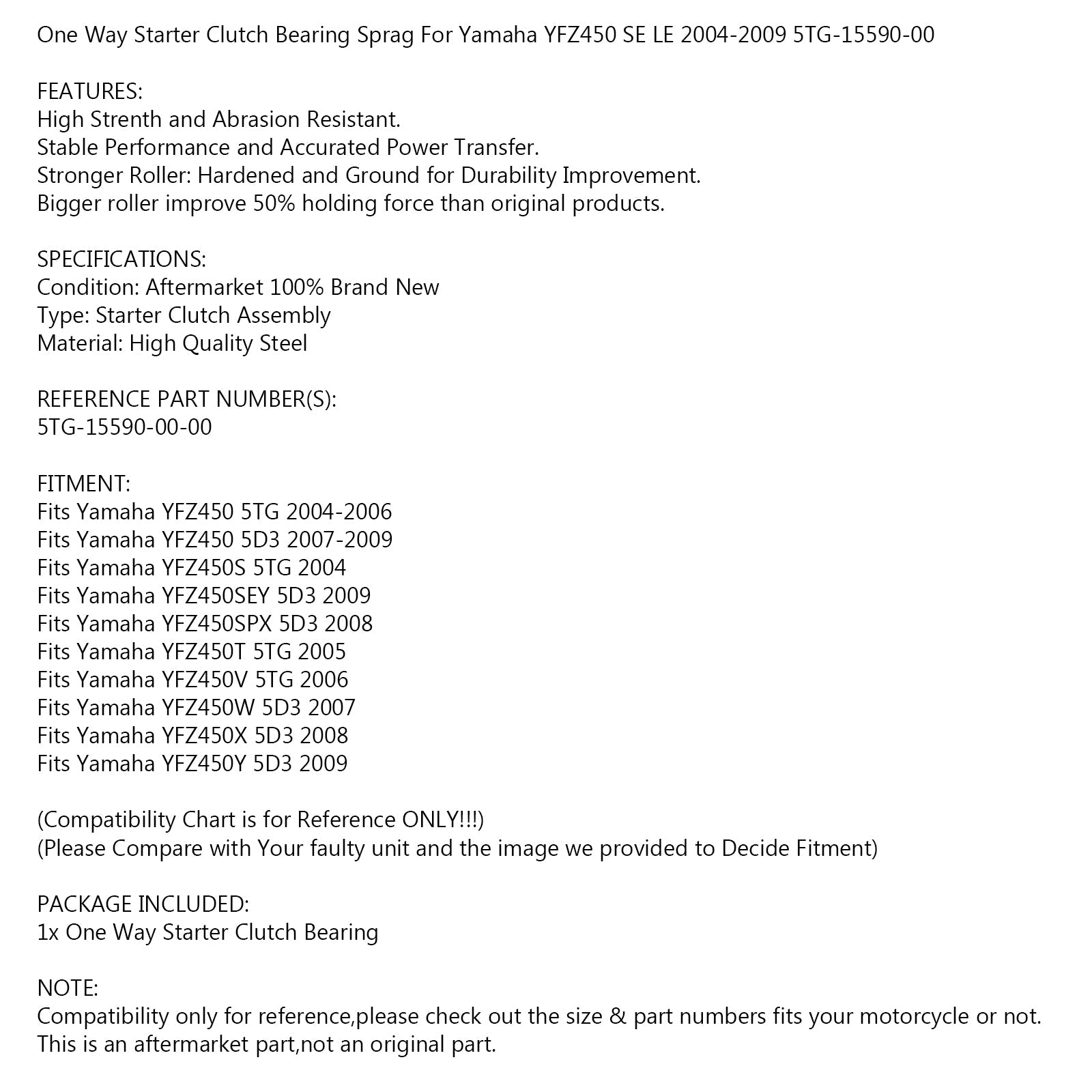 One Way Starter Clutch Bearing Fit for Yamaha YFZ450 SE LE 04-2009 5TG-15590-00 Generic