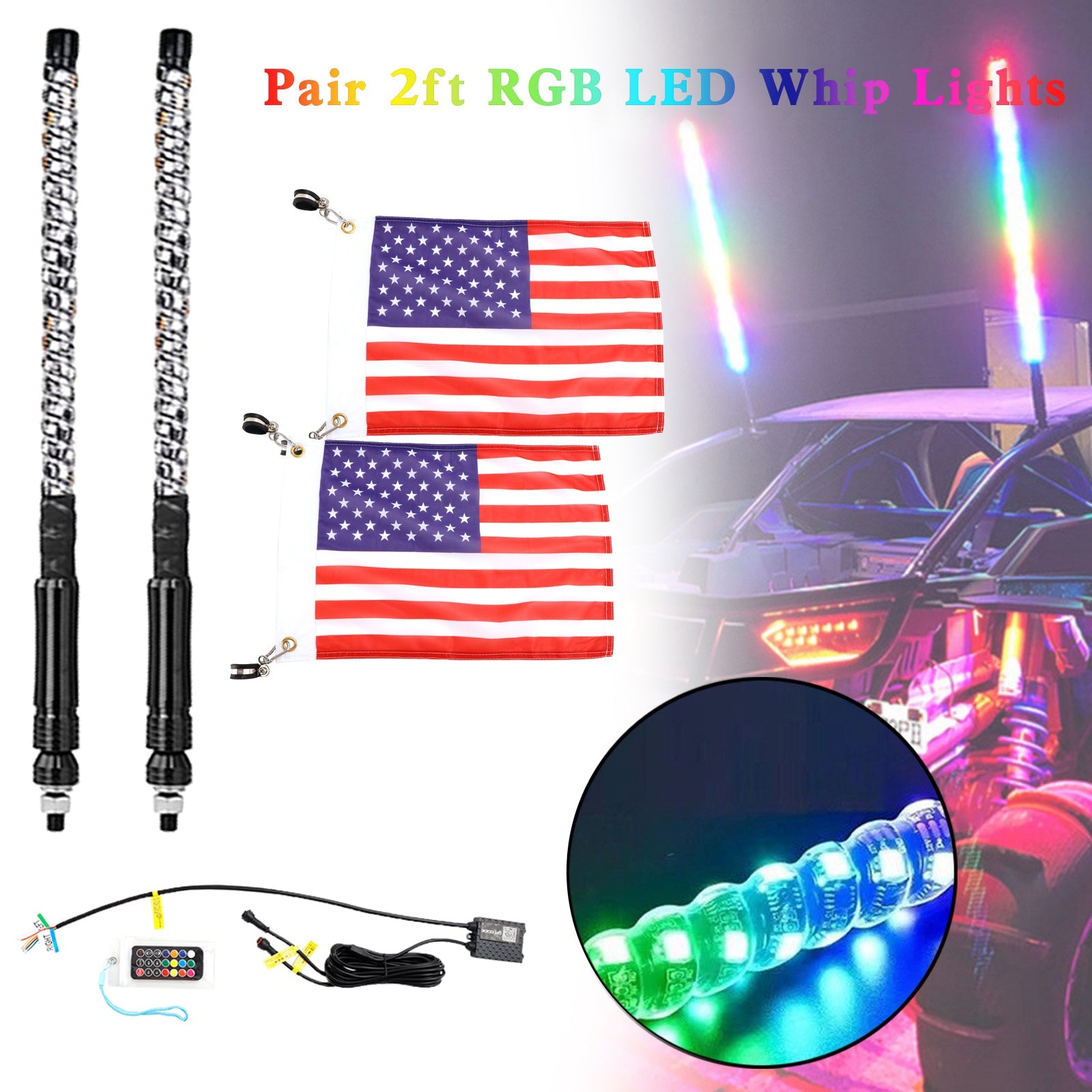 Antena de luces de látigo con aplicación LED RGB de 2x 2 pies con control remoto de bandera para Polaris UTV ATV