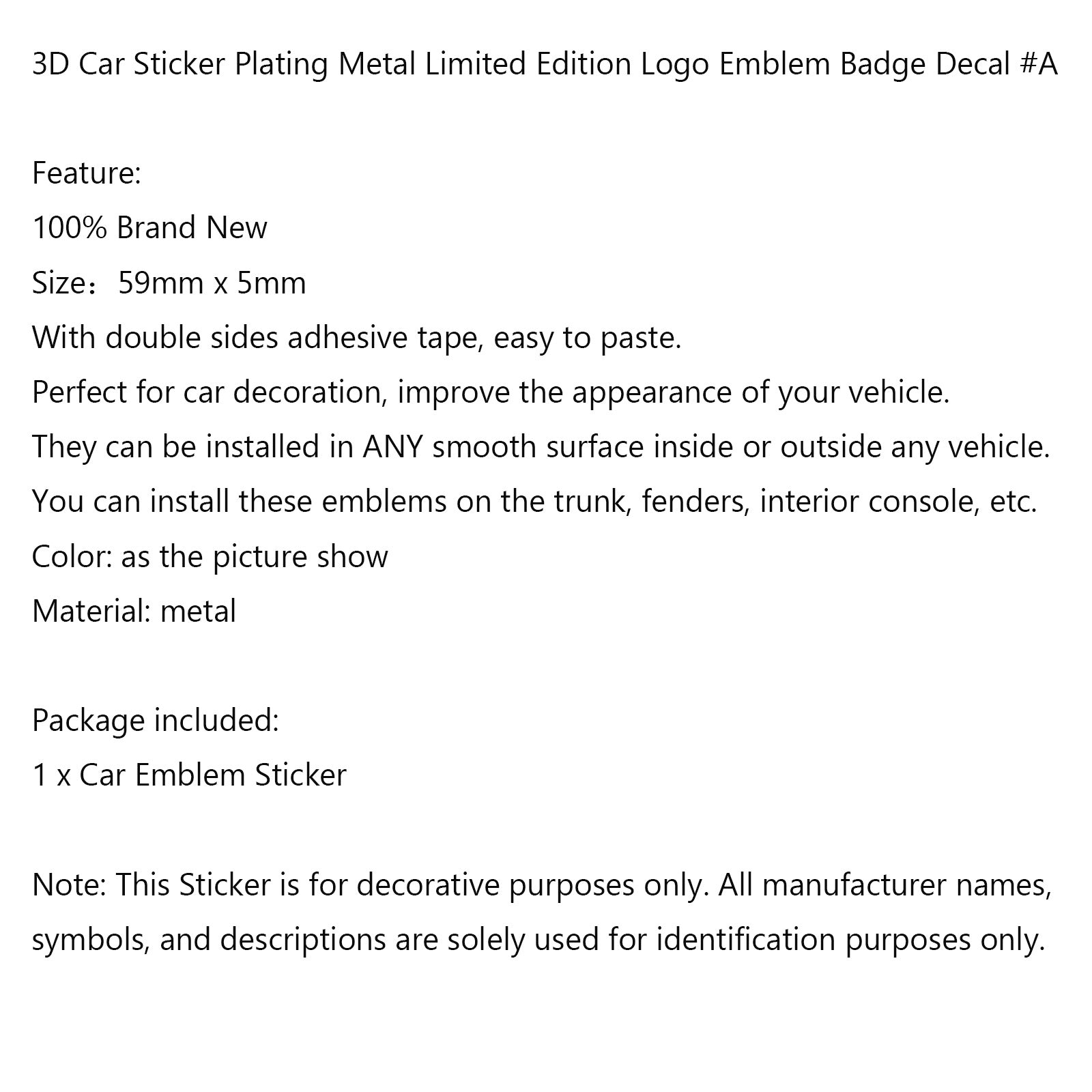 3D Car Sticker Plating Metal Limited Edition Logo Emblem Badge Decal #A Generic