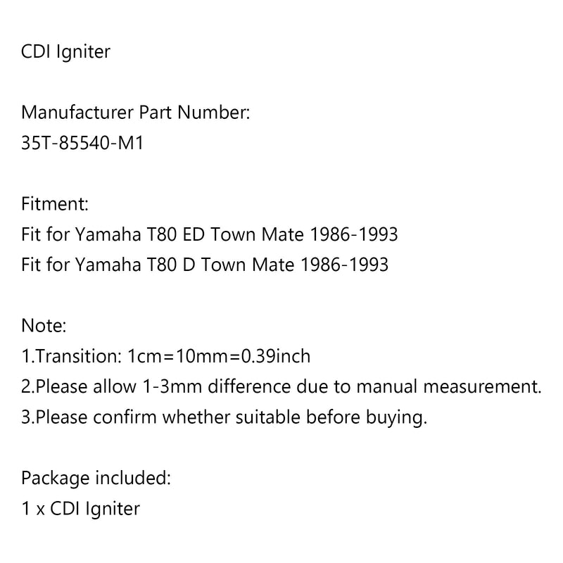 Módulo de encendido CDI apto para Yamaha T80 D / ED Town Mate 1986-1993 35T-85540-M1 genérico