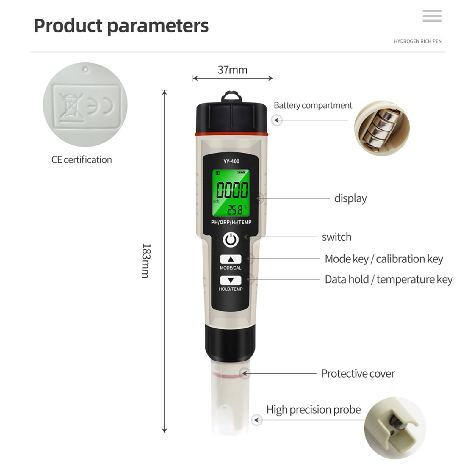 Portable 4 In 1 Hydrogen-Rich Test Pen H2 Enrichment PH/ORP/TEMP Water Quality Meter Tester