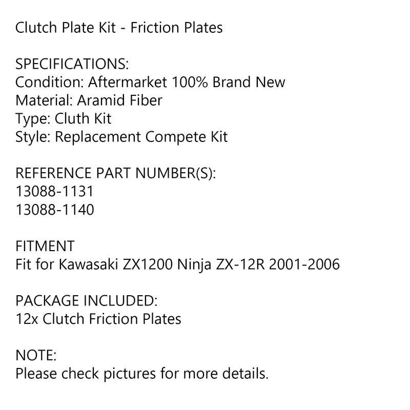 Clutch Friction Plate Kit Set fit for Kawasaki ZX1200 Ninja ZX-12R 2001-2006 Generic