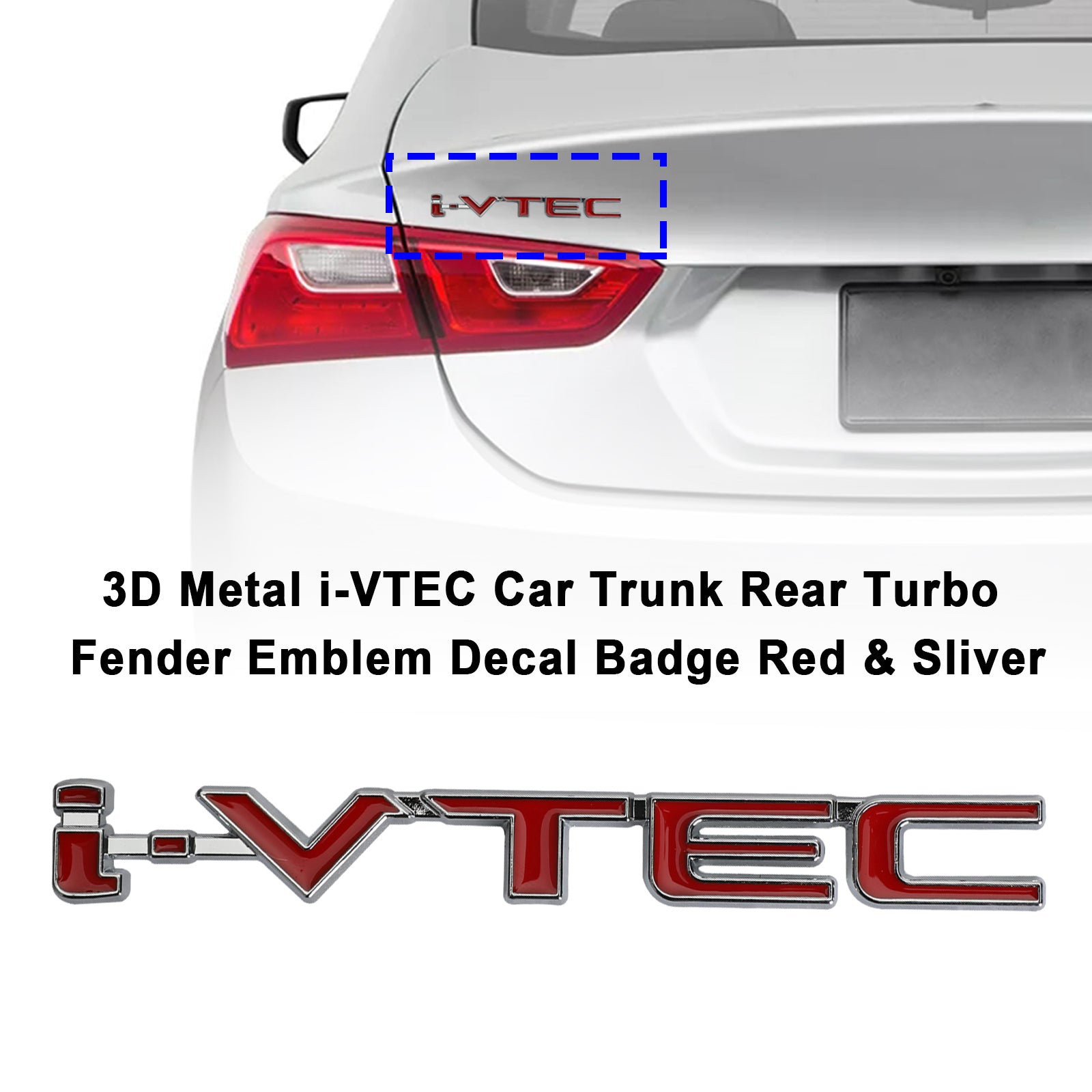 شارة معدنية ثلاثية الأبعاد i-VTEC لصندوق السيارة الخلفي Turbo Fender شعار شارة حمراء وفضية