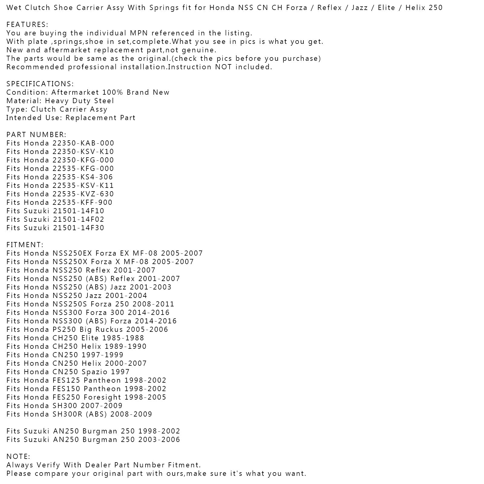 Wet Clutch Shoe Carrier Assy With Springs for Honda NSS PS CN CH FES 250 SH300 Generic