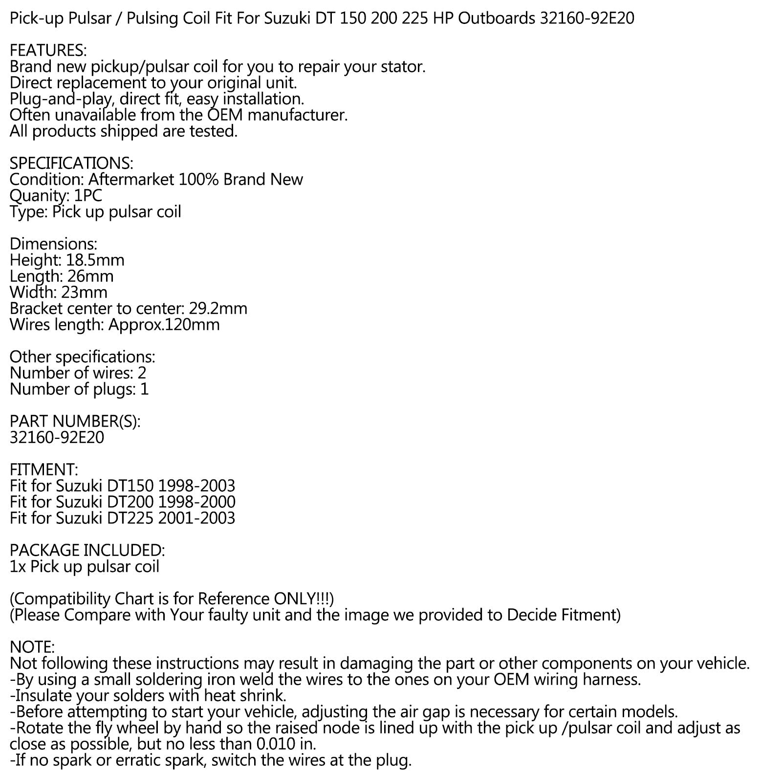 Outboard Timing Coil Pulse Fit for Suzuki DT 150 200 225 Hp 98-2003 32160-92E20