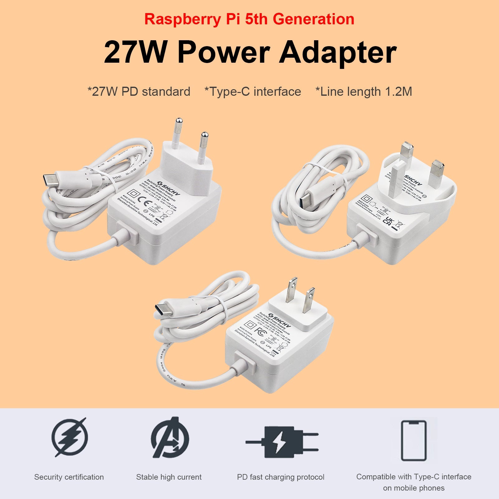 Adaptador de corriente Raspberry Pi 5, interfaz USB-C, potencia de 27W, 5V5A, corriente completa