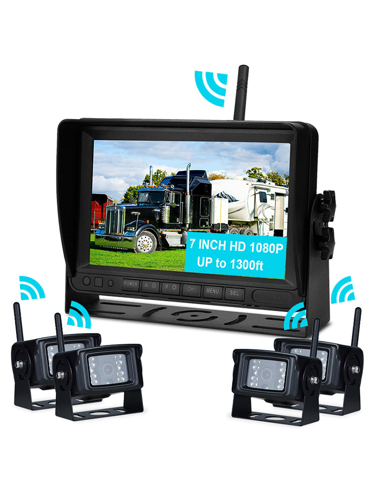 7" Wireless AHD 1080P Display 4CH Rear View Backup Camera Kit for Truck Trailer