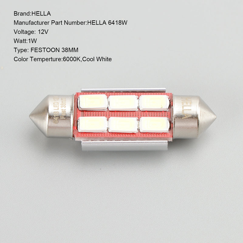 10X For HELLA LED Retrofit 6418W FESTOON 38MM 12V 3W SV8.5-8 6000K