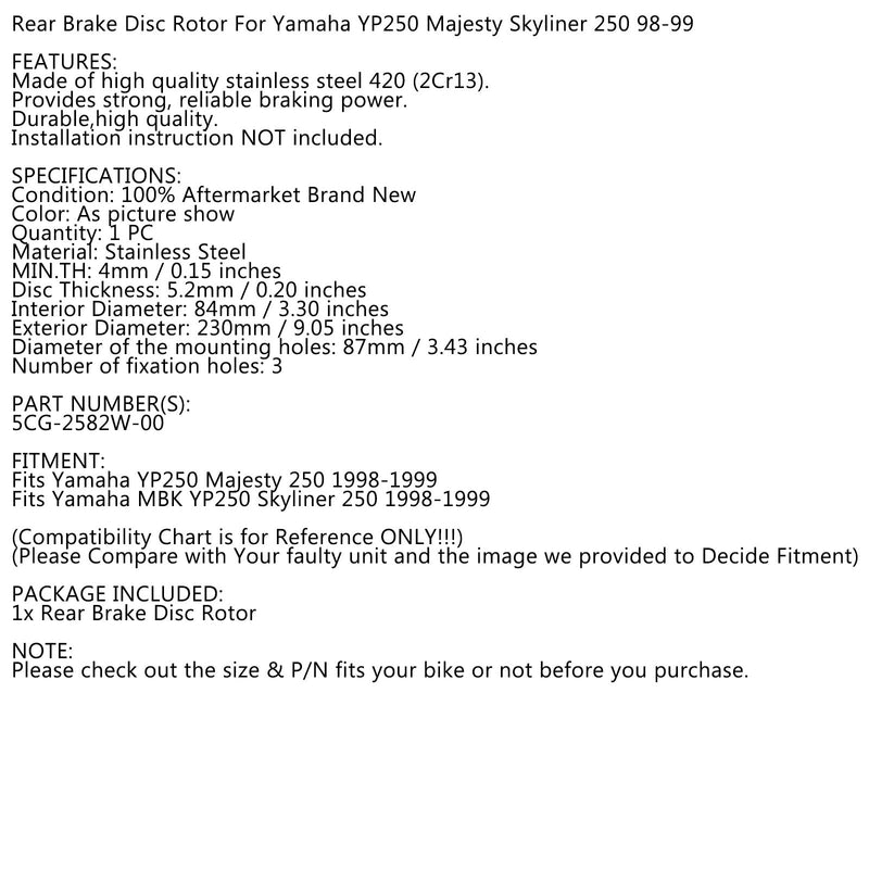 Rotor de disco de freno trasero para Yamaha YP250 YP 250 Majesty 250 Skyliner 250 1998-1999 Genérico