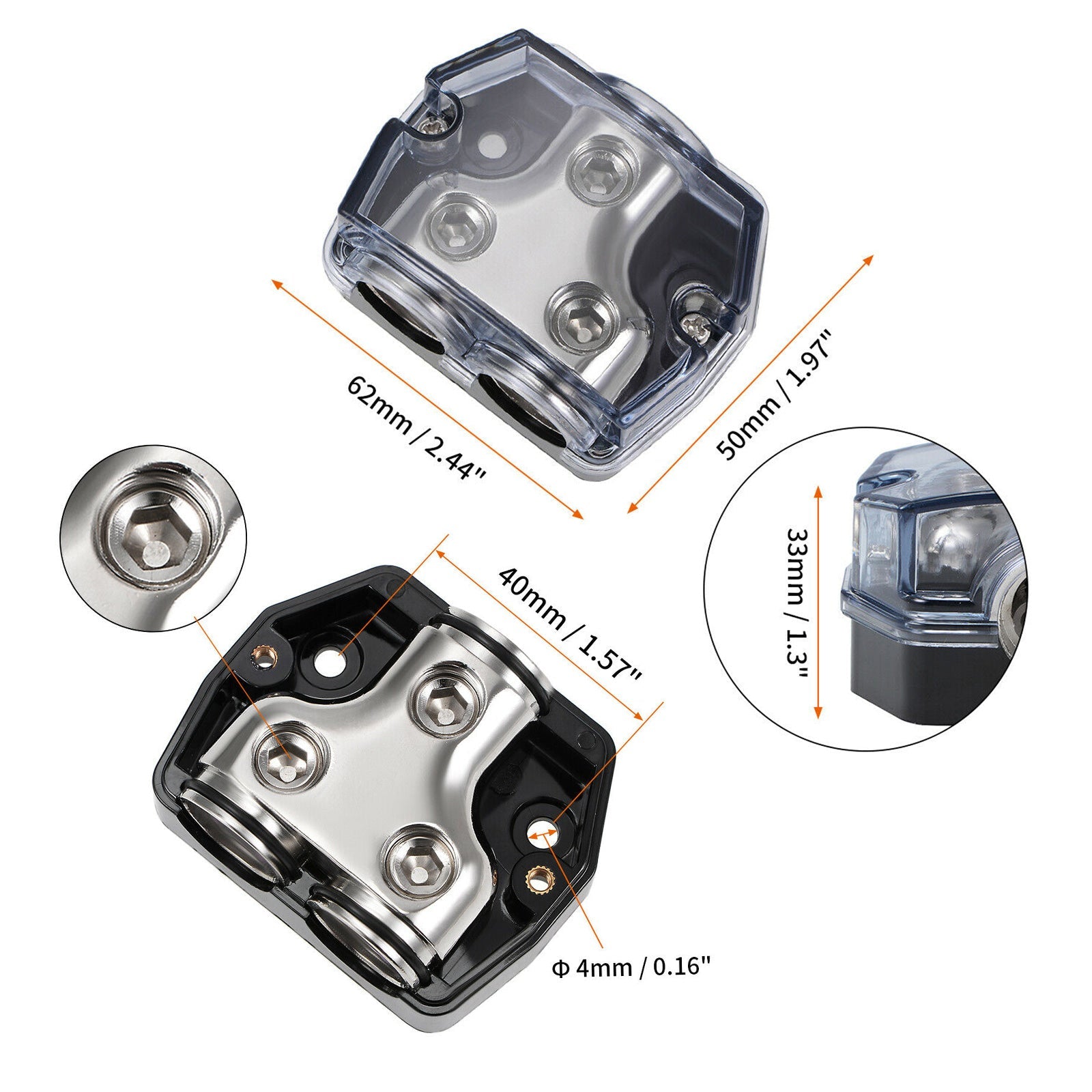 Carcasa de plástico de cubierta transparente resistente al calor Bloque de distribución de divisor niquelado 1x0 In 2x0 GA Out Block Splitter Fusebox para Car Audio Marine