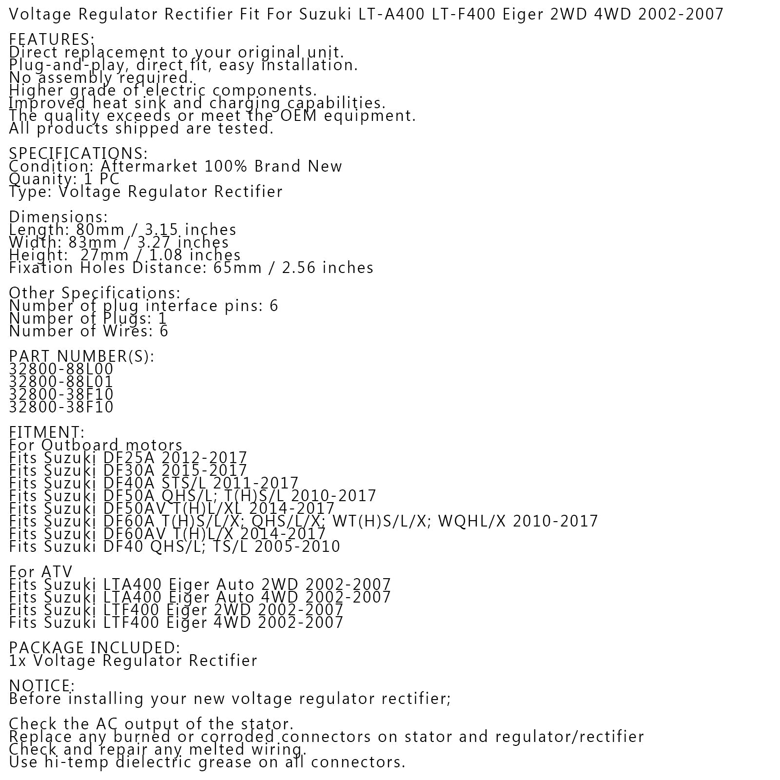 6-Wire Regulator Rectifier Fit for Suzuki LT-A400F LTA400F Eiger 400 2X4 4X4 Auto 2002-2007