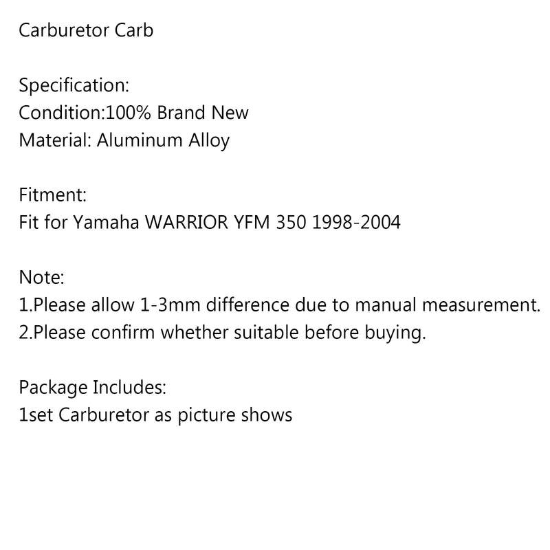 Carburador Carb apto para Yamaha Warrior 350 YFM 350 Yfm350 Atv Quad 1987-2004 Genérico