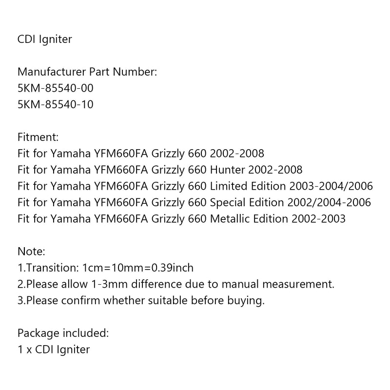 Encendedor CDI apto para Yamaha YFM660FA Grizzly 660 2002-2008 5KM-85540-00 genérico