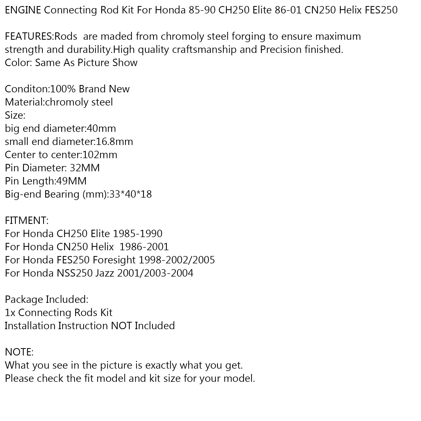 ENGINE Connecting Rod Kit For Honda 85-90 CH250 Elite 86-01 CN250 Helix FES250 Generic