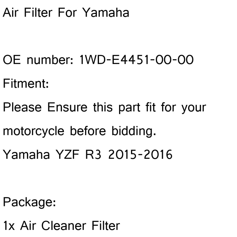 Limpiador de entrada de filtro de aire para Yamaha YZF R1 2015 2016 1WD-E4451-00-00 genérico