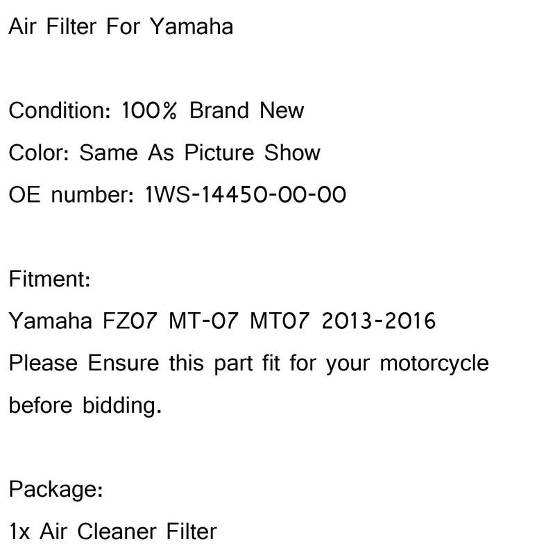 Limpiador de admisión de filtro de aire para Yamaha FZ07 MT-07 MT07 2013-2016 1WS-14450-00-00 genérico