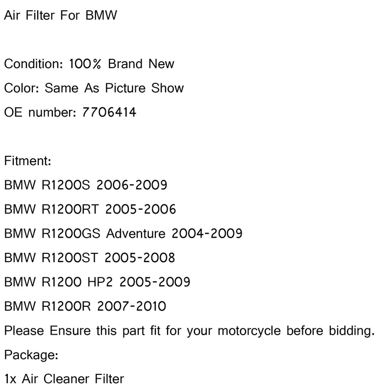 Limpiador de admisión de filtro de aire para BMW R1200GS Adventure 2004-2009 P/N.7706414 Genérico