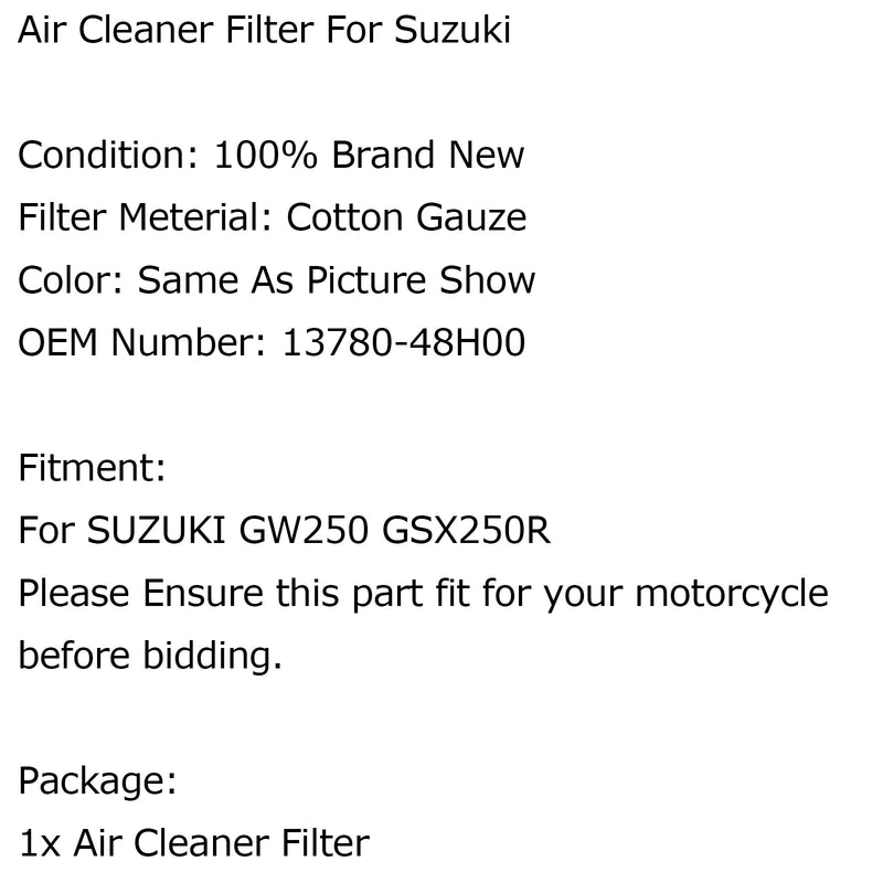 Elemento limpiador de reemplazo de alto flujo para Suzuki GW250 GSX250R genérico