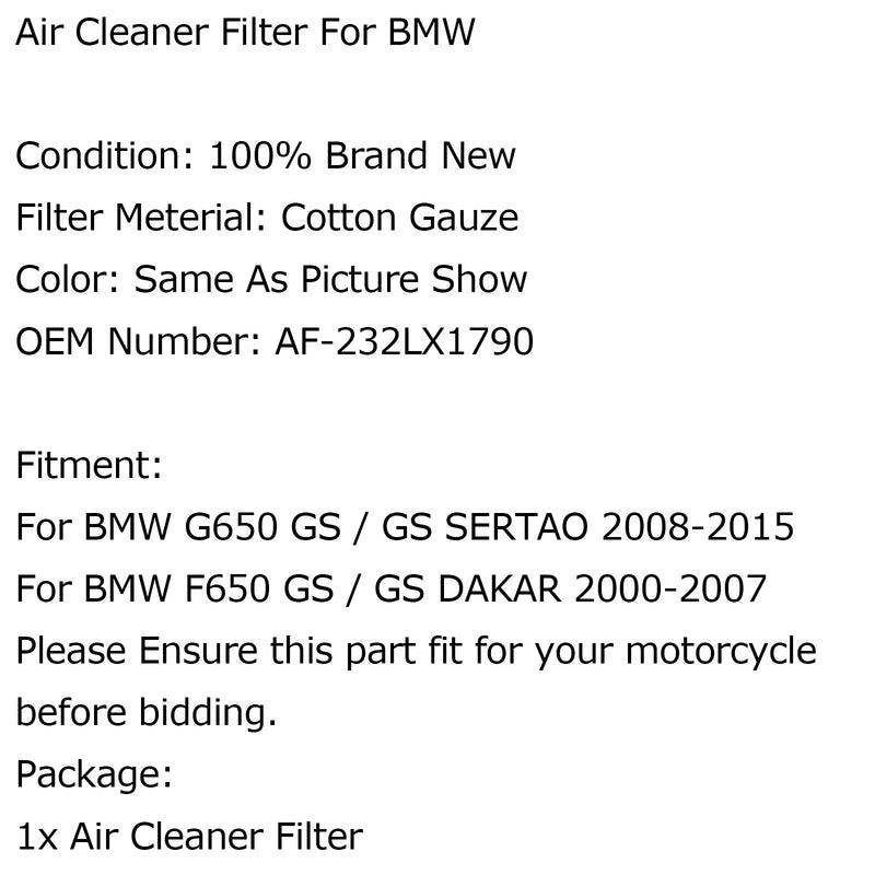 Elemento Limpiador de Filtro de Aire Para BMW G650 GS / GS SERTAO 08-15 DAKAR 2000-2007 Genérico